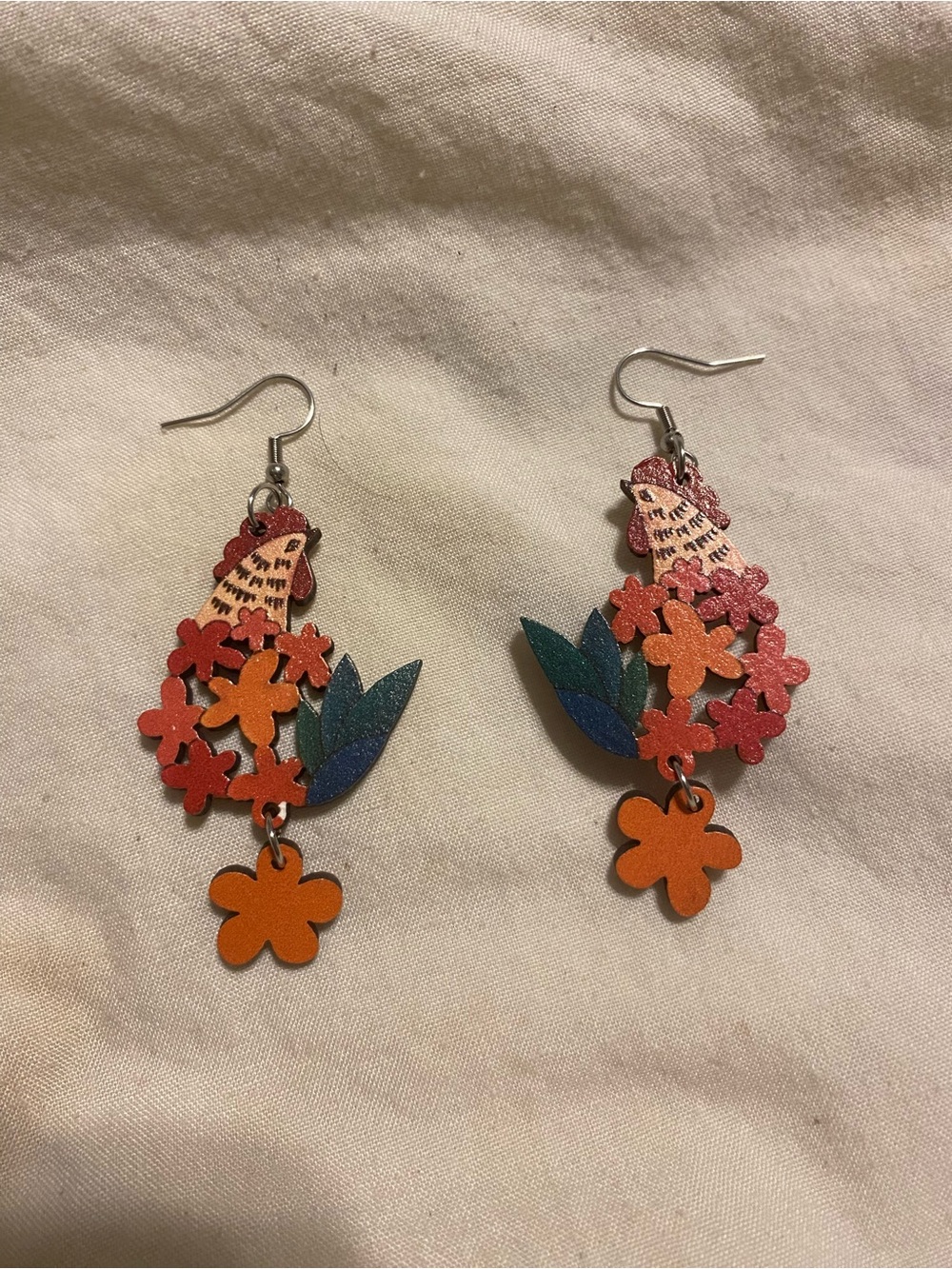 Hand-Painted chicken & Flower Drop Earrings in Orange and Teal